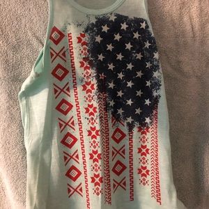 Teal blue Aztec designed American flag tank top